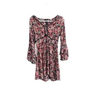 En Creme Dress Womens Small Black Floral Boho Bell Sleeve Mini Tunic